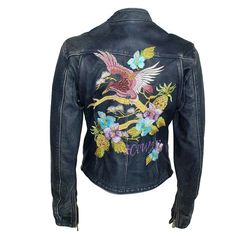 Dolce and Gabbana Hawaii Embroidered Leather Jacket 38 Jean Jacket And Jeans, Embroidered Leather Jacket, Edgy Fashion Chic, Dolce Gabbana Jacket, Lace Jeans, Creative Clothes, Painted Denim Jacket, Fall Attire, Black Satin Dress