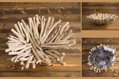 four different views of driftwood on a wooden floor, including the top and bottom