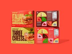 the packaging design for three cheeses is shown on an orange background with red and yellow colors