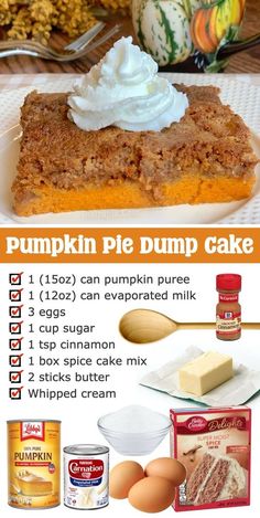 an advertisement for pumpkin pie dump cake on a white plate with ingredients to make it