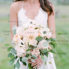 a woman holding a bouquet of flowers in her hands with the words written below it