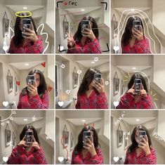 a woman taking a selfie in front of a mirror with many different angles and shapes