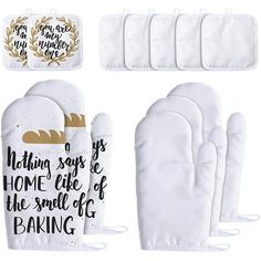 six oven mitts with sayings on them, one is white and the other has gold