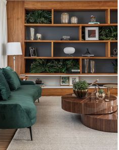 a living room filled with furniture and lots of greenery on top of the shelves