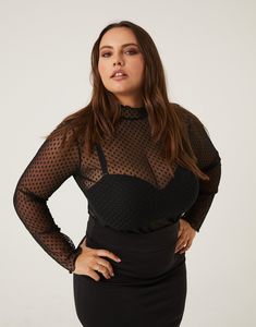 Steal the show in the Curve Polka Dot Mesh Top, which will turn heads with its mock neck and darling texture. This mesh top has long sleeves, a mock neck, and solid polka dots woven into the mesh netting. It is a full length, bodycon top with lettuce-edge hems. This top has some give but it is not overly stretchy. This Bodycon Tops, Black Mesh Top, Basic Hoodie, Mesh Netting, Plus Size Fashion For Women, Comfy Casual, Plus Size Tops, Mesh Top, Mock Neck