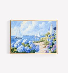 a painting with blue flowers and sailboats on the water in front of a lighthouse