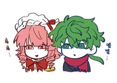 two anime characters with green hair and red eyes, one is wearing a bow tie