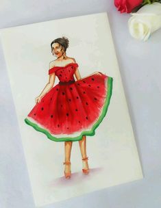 a drawing of a woman in a watermelon dress with flowers on the side