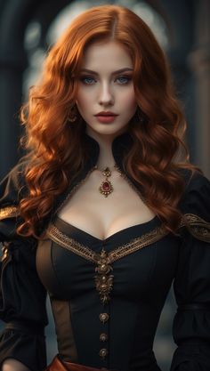 a woman with long red hair wearing a black dress