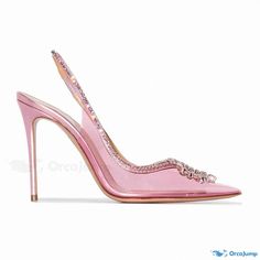 Orcajump - Elegant Pink PVC Slingback Pumps with Crystal Embellishments and Pointed Toe Design Pink Embellished Slingback Heels, Elegant Pink High Heel Slingback Pumps, Glamorous Pink Slingback Heels, Pink Slingback Heels With Rhinestones, Glamorous Pink Slingback Pumps For Party, Elegant Pink Slingback Pumps For Party, Elegant Pink Embellished Heels, Glamorous Pink Slingback Pumps For Spring, Elegant Pink Slingback Pumps For Wedding