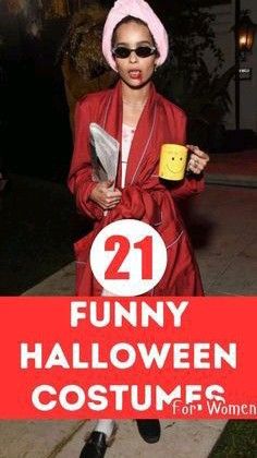 a woman in a pink hat and red coat holding a mug with the words funny halloween costumes for women on it