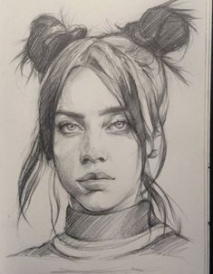 a pencil drawing of a girl with ears on her head, looking at the camera