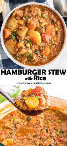 hamburger stew with rice in a white bowl and a spoon full of soup on the side