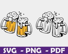 two mugs of beer with foamy bubbles and the words svg - png - df