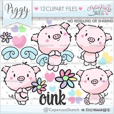 three little pigs with flowers and hearts in the background, one pig has wings on its back