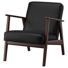 a black leather chair with wooden frame and arm rests on an isolated white background,