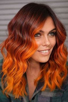 Amped-Up Red to Orange Ombre on ladies with mid-length wavy hair Orange Hair Inspo Aesthetic, Orange Hair Ombre, Red Ombre Hair Color, Red And Orange Hair, Orange Ombre Hair, Deep Black Hair, Hair Color Red Ombre, Pumpkin Spice Hair, Ombre Hair Color Ideas