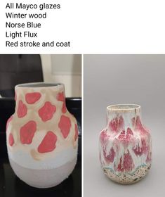 two different vases with red and white designs on them, one is made out of clay