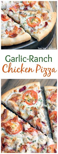 this is an image of garlic ranch chicken pizza with cheese and tomatoes on it, cut into four slices