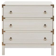 a white dresser with two drawers and brass pulls on the bottom, against a white background