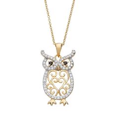 "Adorned with black and white cubic zirconia stones, and ornate filigree detailing, this 14k gold over sterling silver owl necklace makes a wise addition to your outfit. Comes in a gift box.PENDANT DETAILS Pendant length: 1.18 in. Chain length: 16 in. with 2-in. extender Clasp: spring-ring Metal: 14k gold over sterling silver, white rhodium-plated sterling silver CUBIC ZIRCONIA DETAILS Shape: round Color: white, black Setting: prong  Size: 16"". Gender: female. Age Group: adult." Owl Necklace Silver, Necklaces Black, Gold Owl, Sterling Silver Owl, Owl Pendant Necklace, Gold Pendants, 14k Yellow Gold Necklace, Pendants Necklaces, Silver Owl