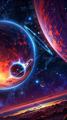 an artist's rendering of two planets in the sky, with bright orange and blue colors