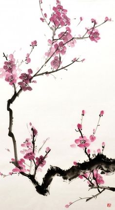 a painting of pink flowers and birds on a tree branch with white sky in the background