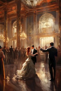 a painting of two people dancing in a ballroom