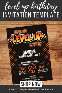 a birthday party flyer with the words level up birthday on it, and an image of a