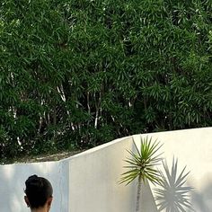 a woman standing next to a white wall with a green tree in the back ground