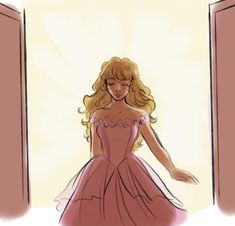 a drawing of a woman in a pink dress looking at herself through an open door