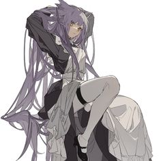 an anime character with long purple hair sitting on the ground and holding her leg up