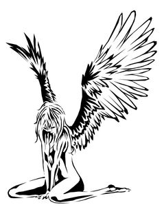 a black and white drawing of an angel sitting on the ground with its wings spread