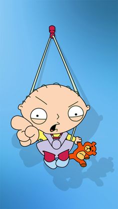 an animated cartoon character hanging on to a string with a teddy bear in his hand