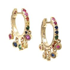 This Gold Multi Sapphire Shaker Hoop Earring features sapphires set in 14K Yellow Gold. Sapphire 0.77 cts Sold as a single Yellow Gold Multi-stone Hoop Earrings Fine Jewelry, Yellow Gold Multi-stone Hoop Earrings, Yellow Gold Gemstone Dangle Huggie Earrings, Yellow Gold Dangle Huggie Earrings With Gemstones, Multi Sapphire, Gold Style, Yellow Color, Solid Gold, Sapphire