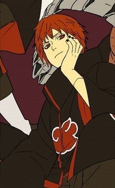 an anime character with red hair and black clothes holding his hand up to his face