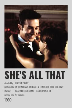 the poster for she's all that shows a man in a tuxedo hugging a woman