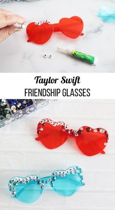 two pictures of red and blue sunglasses with the words taylor - swift on them