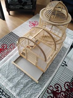 a bird cage sitting on top of a rug