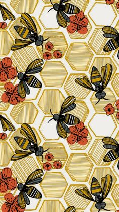 bees and flowers on honeycombs in yellow, red and black fabric by the yard