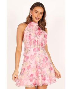 in stock Halterneck Mini Dress, Petal And Pup, Poses Women, Hemant And Nandita, Essential Dress, Usa Dresses, Pink Floral Print, Halter Mini Dress, Dress Satin