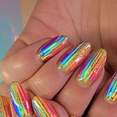 Gold And Rainbow Nails, Green Rainbow Nails, Rainbow Wedding Nails, Rainbow Foil Nails, Rainbow Glitter Nails Acrylic, Fun Sparkly Nails, Rainbow Sparkle Nails, Kaleidoscope Nails, Edc Nails Designs