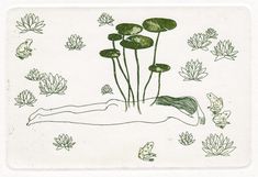 a drawing of water lilies floating in the air