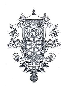 the design for an ornamental vase with flowers and leaves on it, in black and white