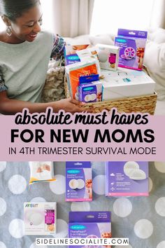 a woman sitting on a bed with her new moms products