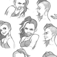 some drawings of people with different hair styles and facial expressions on their faces, from the side view to the back