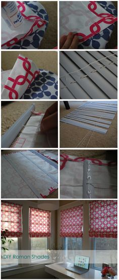 the instructions for how to make roman shades in different styles and colors, including red white and blue