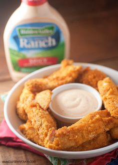 fried chicken rings with ranch dressing in a bowl