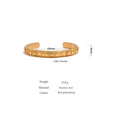 Embrace timeless elegance with our Vintage Gold Engraved Bangle Bracelet, featuring intricate designs and 18K gold plating. This beautifully crafted bracelet is perfect for adding a touch of sophistication to any outfit, whether for daily wear or special occasions. Its durable craftsmanship ensures that this piece will remain a cherished part of your jewelry collection for years to come. Finish: 18K Gold plated Waterproof: does not change color from water exposure Lead and nickel free Material: Classic Gold Cuff Bracelet With Intricate Design, Adjustable Intricate Design Gold Bracelet, Adjustable Gold Engraved Bangle, Gold-plated Bracelets With Intricate Design, Gold Bracelet With Intricate Design, Gold Engraved Adjustable Bangle, Adjustable Engraved Gold Bangle, Gold Bracelet With Intricate Design For Gift, Gold Bracelet With Intricate Design As Gift