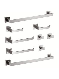 six stainless steel towel bars with square and rectangle designs on each end, set of 6